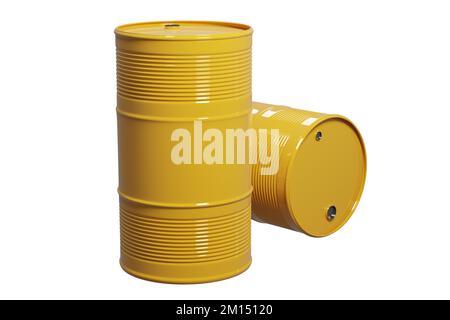 Yellow oil barrels against isolated background, 3d rendering. Oil refinery and trading, fossil fuels industry concepts Stock Photo