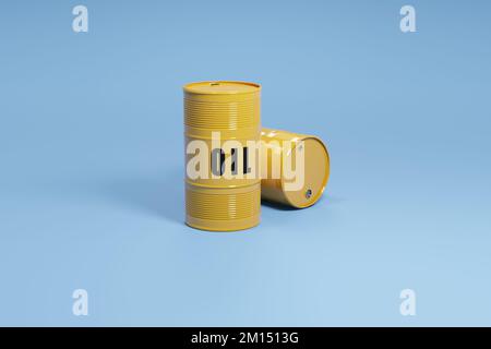 Yellow oil barrels against blue background, 3d rendering. Oil refinery and trading, fossil fuels industry concepts Stock Photo