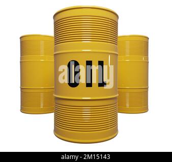 Yellow oil barrels against isolated background, 3d rendering. Oil refinery and trading, fossil fuels industry concepts Stock Photo