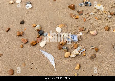 A lost hotel room key on a sandy beach with stones, shells and a gull feather. Bournemouth, England, United Kingdom. Stock Photo