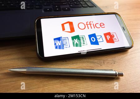 KONSKIE, POLAND - September 17, 2022: Microsoft Office 365 logo displayed on smartphone screen in the office. Microsoft Office is a line of subscripti Stock Photo