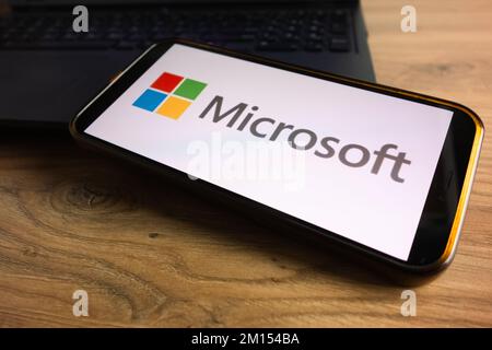 KONSKIE, POLAND - September 17, 2022: Microsoft logo displayed on smartphone screen in the office. Microsoft Corporation is an American multinational Stock Photo