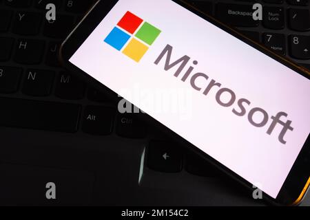 KONSKIE, POLAND - September 17, 2022: Microsoft logo displayed on smartphone screen in the office. Microsoft Corporation is an American multinational Stock Photo