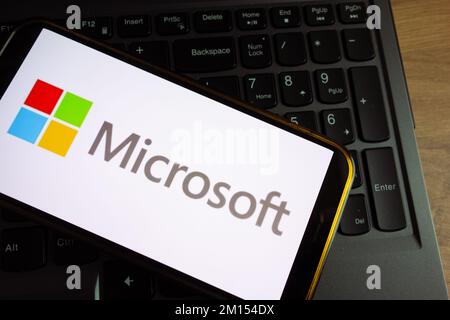 KONSKIE, POLAND - September 17, 2022: Microsoft logo displayed on smartphone screen in the office. Microsoft Corporation is an American multinational Stock Photo