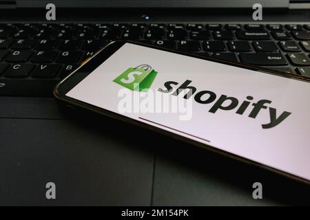 KONSKIE, POLAND - September 17, 2022: Shopify logo displayed on smartphone screen in the office. Shopify Inc. is a Canadian multinational e-commerce c Stock Photo