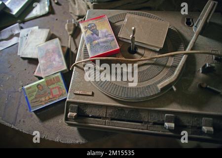 Dusty vintage record player turntable , dusty, turntables Stock Photo