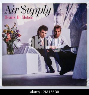 LP cover of Hearts in Motion, the ninth studio album by Air Supply, which was released in 1986. Stock Photo