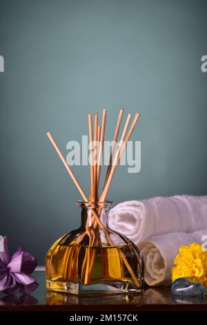 Close Up of reed diffuser on table, aromatherapy concept Stock Photo