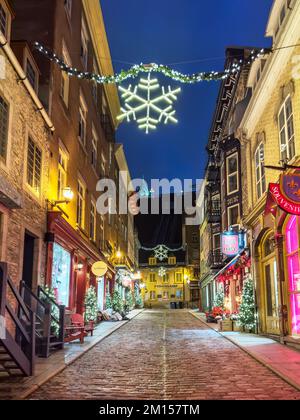 The Petit Champlain Historic Street Decorated For Christmas In Quebec 