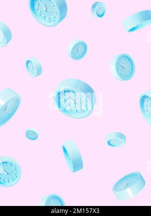 Pastel blue wall clocks falling down on pink backdrop-Christmas Eve or New Year concept Stock Photo