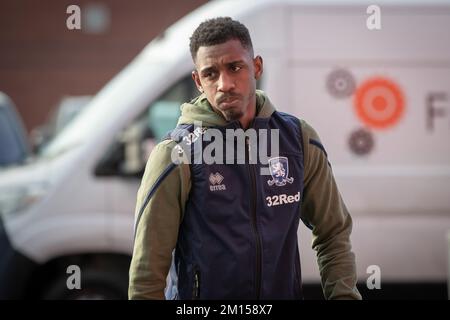 Isaiah Jones #2 of Middlesbrough arrives at The Riverside Stadium ahead of the Sky Bet Championship match Middlesbrough vs Luton Town at Riverside Stadium, Middlesbrough, United Kingdom, 10th December 2022  (Photo by James Heaton/News Images) Stock Photo