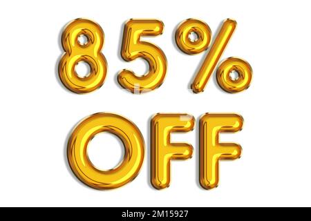 85% off discount promotion sale made of realistic 3d gold helium balloons. Illustration of golden percent symbol for selling poster, banner, ads, shop Stock Photo