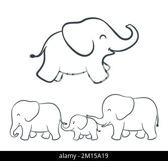 Adorable cartoon illustration of a happy playful baby elephant with a complete view of the whole family walking in a line. Hand drawn vector. Stock Vector