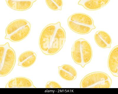 Lemons in a cut, slices. Citrus seamless pattern. Lemon slices isolated on white background. Top view, flat layout. Food texture Stock Photo