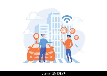 Businessman with smartphone rents a car in the street via carsharing service. Carsharing service, short periods rent, best taxi alternative concept. f Stock Vector