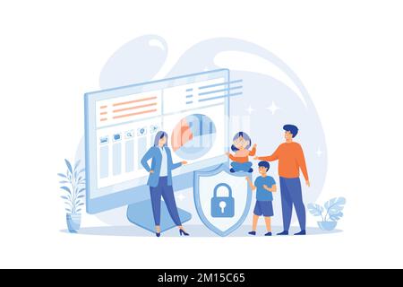 Parents with children using content control software. Parental control software, restricted access for children, media content limitations concept. fl Stock Vector