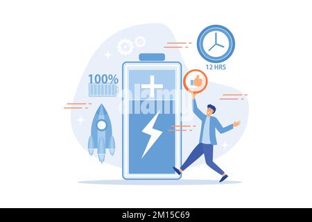 Users and battery performance and longevity with charge indicator and time. Battery runtime, extend runtime technology, long battery life concept. fla Stock Vector
