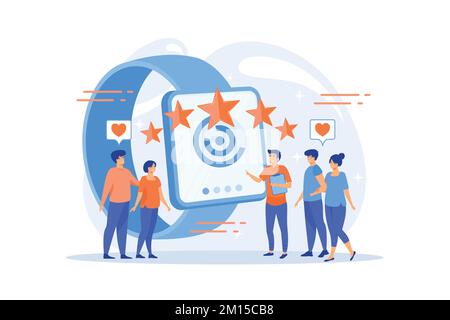 Users with hearts like huge smartwatch with rating stars. Luxury smartwatch, fashion watch and luxury lifestyle concept on white background. flat vect Stock Vector
