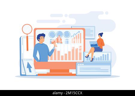 Marketing strategists and content specialist with megaphone and digital devices. Digital marketing team, marketing team strategy concept. flat vector Stock Vector