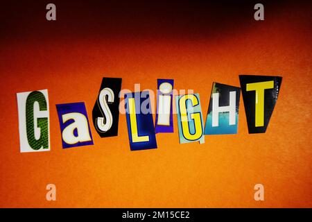 'Gaslight' concept using cut-out paper letters in the ransom note effect typography 2022,  USA Stock Photo