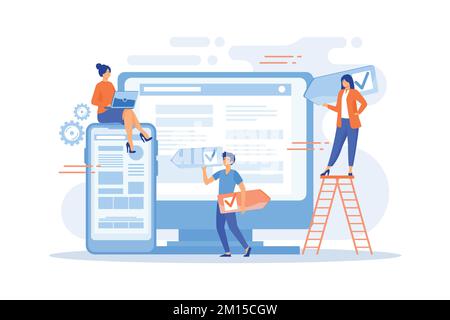 Developers use software on multiple devices. Cross-platform software, multi-platform and platform-independent software concept on white background. fl Stock Vector