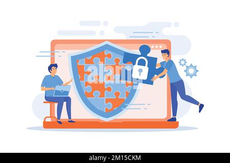 Programmer with jigsaw shield system monitoring network traffic. Firewall, network security system and network firewall concept on white background. f Stock Vector