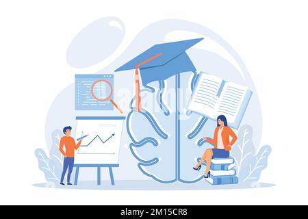 Brain with magnigier and academic cap and user learning. Learning style, learning and brain process, memory and knowledge, education and training conc Stock Vector