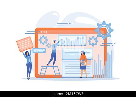 Content marketing manager, specialist, analyst work on websites for audience. Content marketing, working content, SEO optimization tool concept. flat Stock Vector