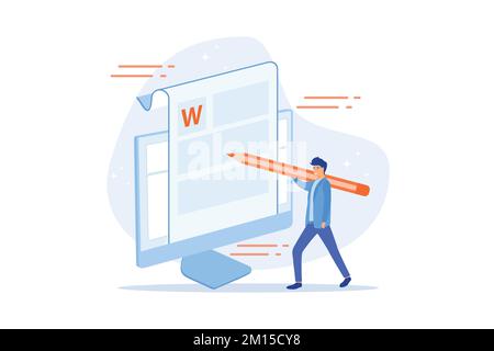 Creative content writing. Copywriting, blogging, Internet marketing. Article text editing and publishing. Online documents. Writer, editor character. Stock Vector