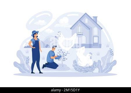 Ecological farming. Natural farming, free run chicken and eggs, grass fed beef, sustainable agriculture, food labeling, flat vector modern illustratio Stock Vector