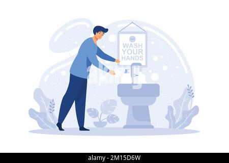 Covid19 outbreak. Stay at home, wash your hands, keep distance, hand sanitizer, self protection, wear mask, distance working, flat vector modern illus Stock Vector