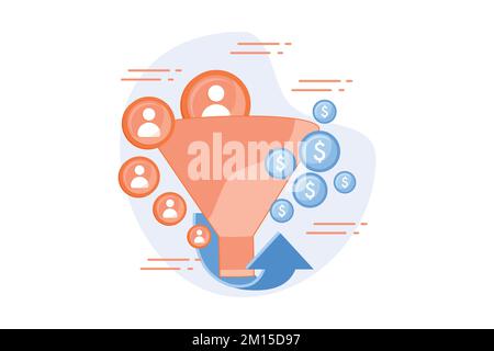 Sales funnel and lead generation. Profitable digital marketing. Customers attraction technology. Commerce, trade, successful strategy. flat vector mod Stock Vector