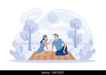 Girlfriend and boyfriend dating, couple in love eating lunch on nature. Summer picnic, park family time spending, cookout special supplies concept. fl Stock Vector