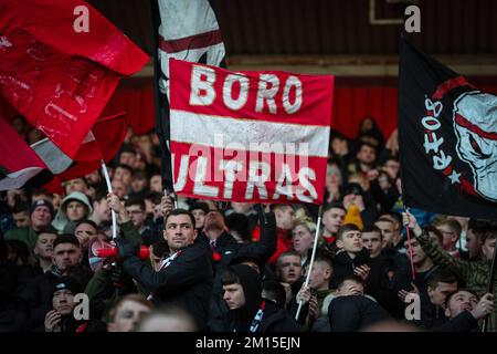 Middlesbrough, UK. 10th Dec, 2022. Middlesbrough supporters cheer on their team during the Sky Bet Championship match Middlesbrough vs Luton Town at Riverside Stadium, Middlesbrough, United Kingdom, 10th December 2022 (Photo by James Heaton/News Images) in Middlesbrough, United Kingdom on 12/10/2022. (Photo by James Heaton/News Images/Sipa USA) Credit: Sipa USA/Alamy Live News Stock Photo