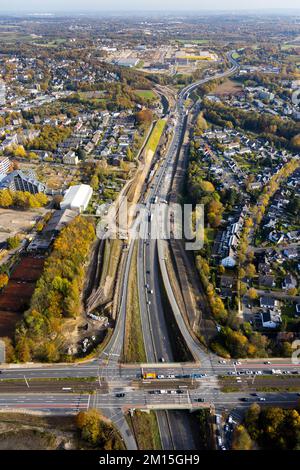 Aerial view, freeway A448 extension and new noise barrier in Wiemelhausen district in Bochum, Ruhr area, North Rhine-Westphalia, Germany, Construction Stock Photo