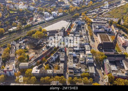 Aerial view, Bermuda Triangle and Anneliese Brost Musikforum Ruhr at the former St. Mary's Church in Gleisdreieck district in Bochum, Ruhr area, North Stock Photo