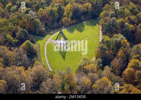 Aerial view, pyramid sculpture with shadow cast in health park Quellenbusch in south district in Bottrop, Ruhr area, North Rhine-Westphalia, Germany, Stock Photo