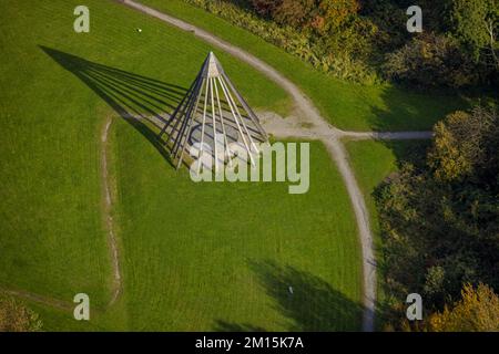 Aerial view, pyramid sculpture with shadow cast in health park Quellenbusch in south district in Bottrop, Ruhr area, North Rhine-Westphalia, Germany, Stock Photo