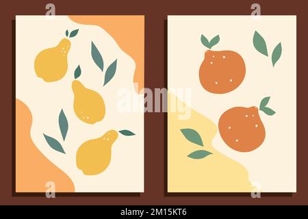 Hand drawn pears and oranges on textured background. Vector art Stock Vector