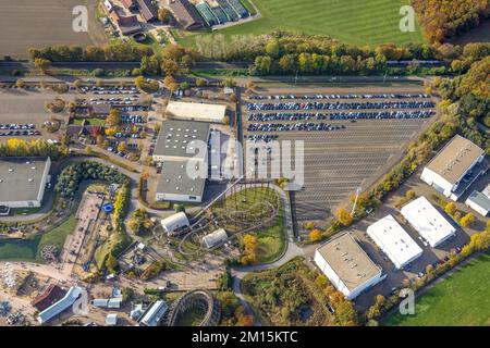 Aerial view, Movie Park Germany parking lot in the district Kirchhellen-Nord-Ost in Bottrop, Ruhr area, North Rhine-Westphalia, Germany, Bottrop, DE, Stock Photo