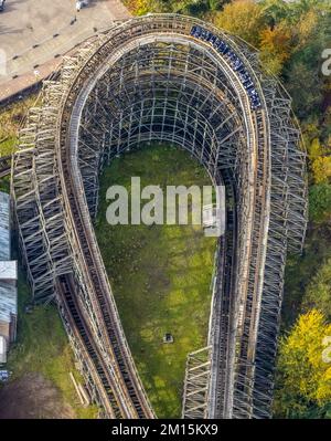 Aerial view, Movie Park Germany in the district Kirchhellen-Nord-Ost in Bottrop, Ruhr area, North Rhine-Westphalia, Germany, Roller coaster The Bandit Stock Photo