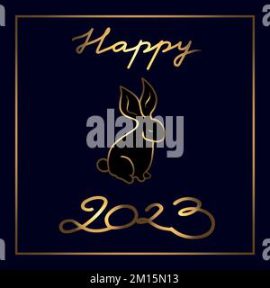 Happy 2023. Chinese New Year celebration card with a symbol of the year. Gold lettering and hand drawn gold rabbit on black background. Greeting card. Stock Vector