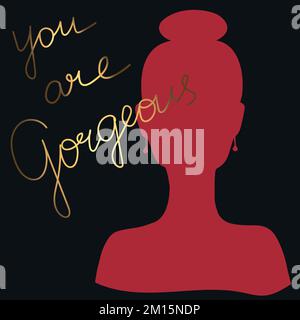 Red woman silhouette on black background with hand drawn phrase You are gorgeous in gold color. Elegant love card. Compliment. Vector art Stock Vector