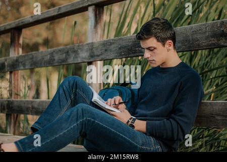 Serious focused young male in casual clothes resting sitting on wooden footbridge and reading book near forest Stock Photo