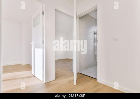 Narrow corridor with white walls and doors leading to rooms with parquet floor and bathroom in modern apartment Stock Photo