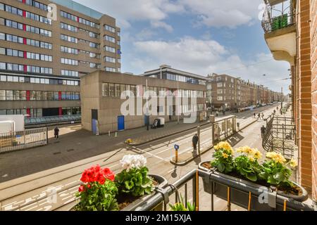 Balcony with metal fence of residential building located in suburb area with green plants against blue sky on summer day Stock Photo