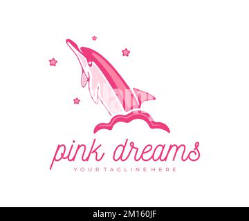 Dolphin jumps out of the cloud, sky and stars, logo design. Dreams, fantasy, marine life, animals and fish, vector design and illustration Stock Vector