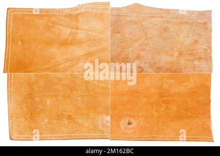 Collection of brown leather textures isolated on white background. Rough uneven edges. Rectangular composite image of leather textures Stock Photo