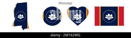 Mississippi flag icon set. American state pennant in official colors and proportions. Rectangular, map-shaped, circle and heart-shaped. Flat illustrat Stock Photo