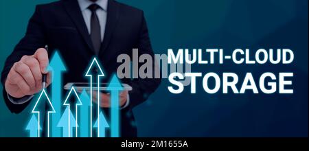 Hand writing sign Multi Cloud Storage. Business concept use of multiple cloud computing and storage services Stock Photo